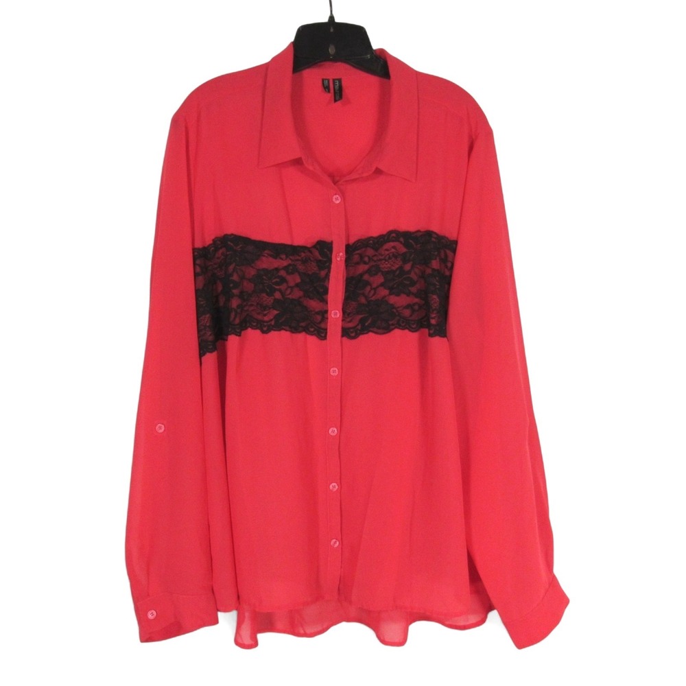 MAURICES Semi Sheer CREPE CHIFFON Button-Up BLACK FLORAL LACE Shirt/Top Sz 3/3X